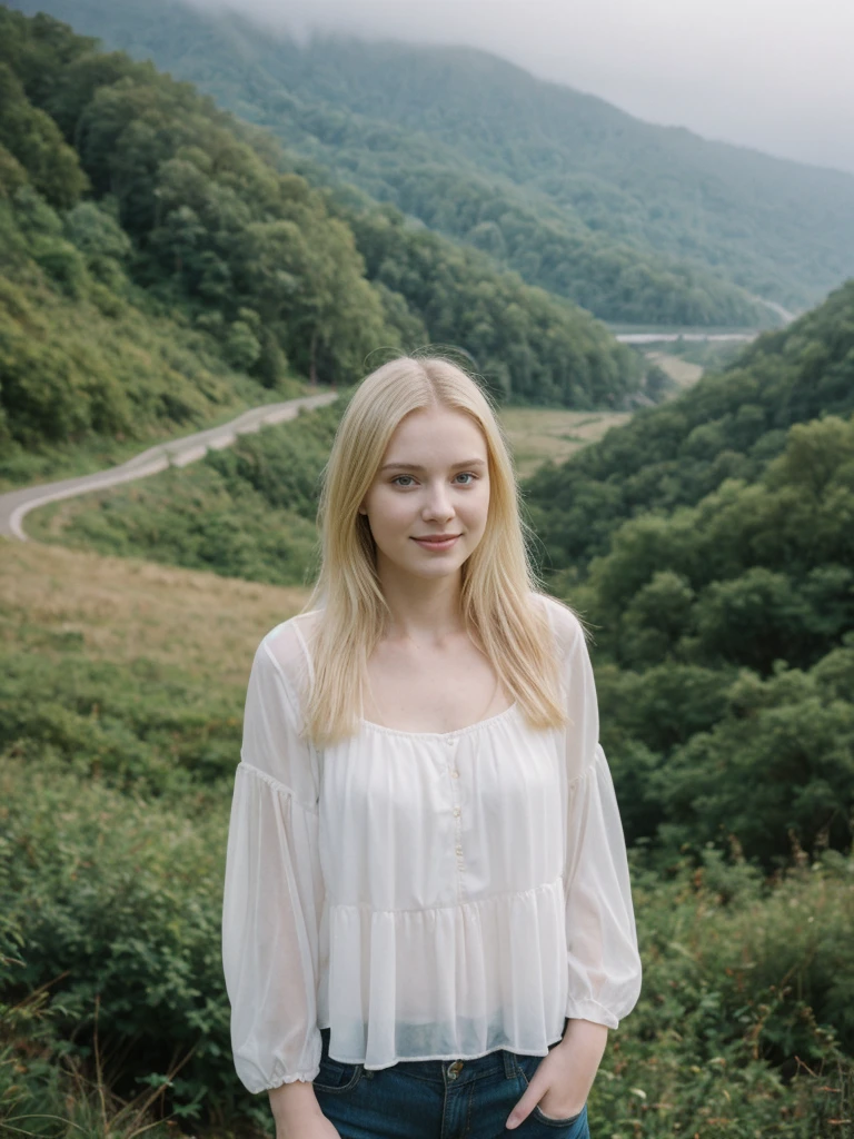 her name is Marie, high quality, 1girl, ((20-year-old fit Caucasian woman)), ((20 years old)), ((fit)), ((pale skin tone)), medium length straight blonde hair , wearing sheer puff-sleeve blouse with pleated culottes, pose: standing, background: Capture the scenic beauty of the Great Smoky Mountains, with mist rolling over the lush, forested hills and valleys, creating a dreamy, ethereal landscape.