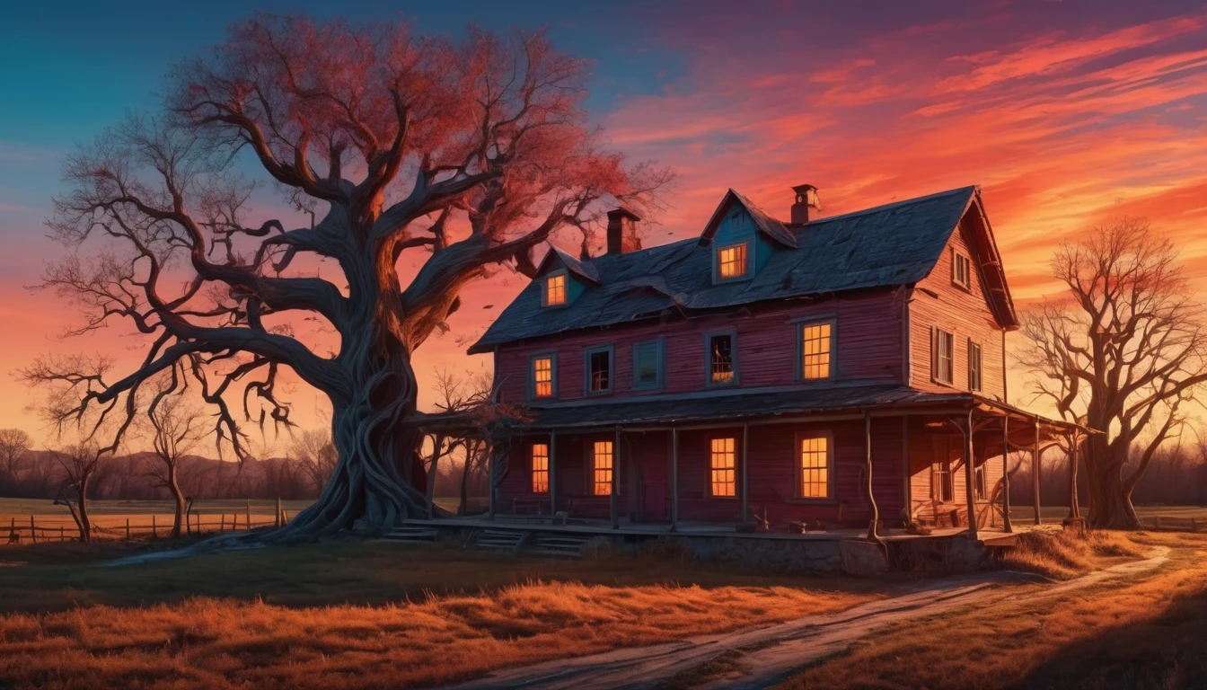 An eerie, surreal farmhouse at twilight with exaggerated shadows and twisted trees. Hyper realistic photo, vibrant colors, 16k