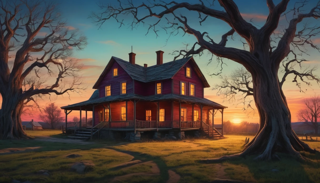 An eerie, surreal farmhouse at twilight with exaggerated shadows and twisted trees. Hyper realistic photo, vibrant colors, 16k