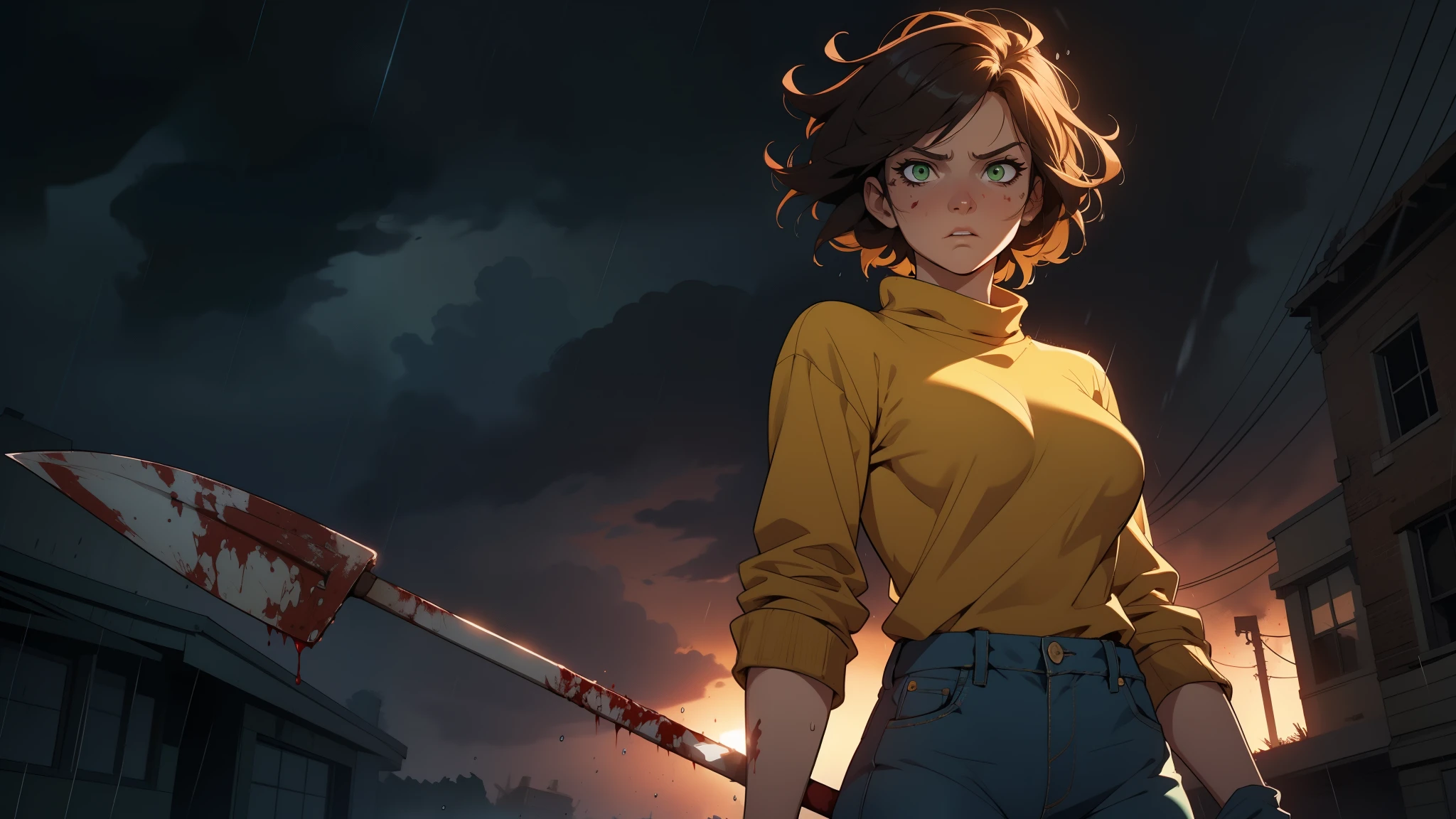 1girl, fluffy messy hair, beautiful shy face, medium breast size, green eyes, american, wearing a dark yellow sweater rolled up sleeves, blue jeans, holding a shovel, scared expression, best quality, masterpiece, badass pose, rainy background, apocalypse zombie vibe, covered in blood, wind