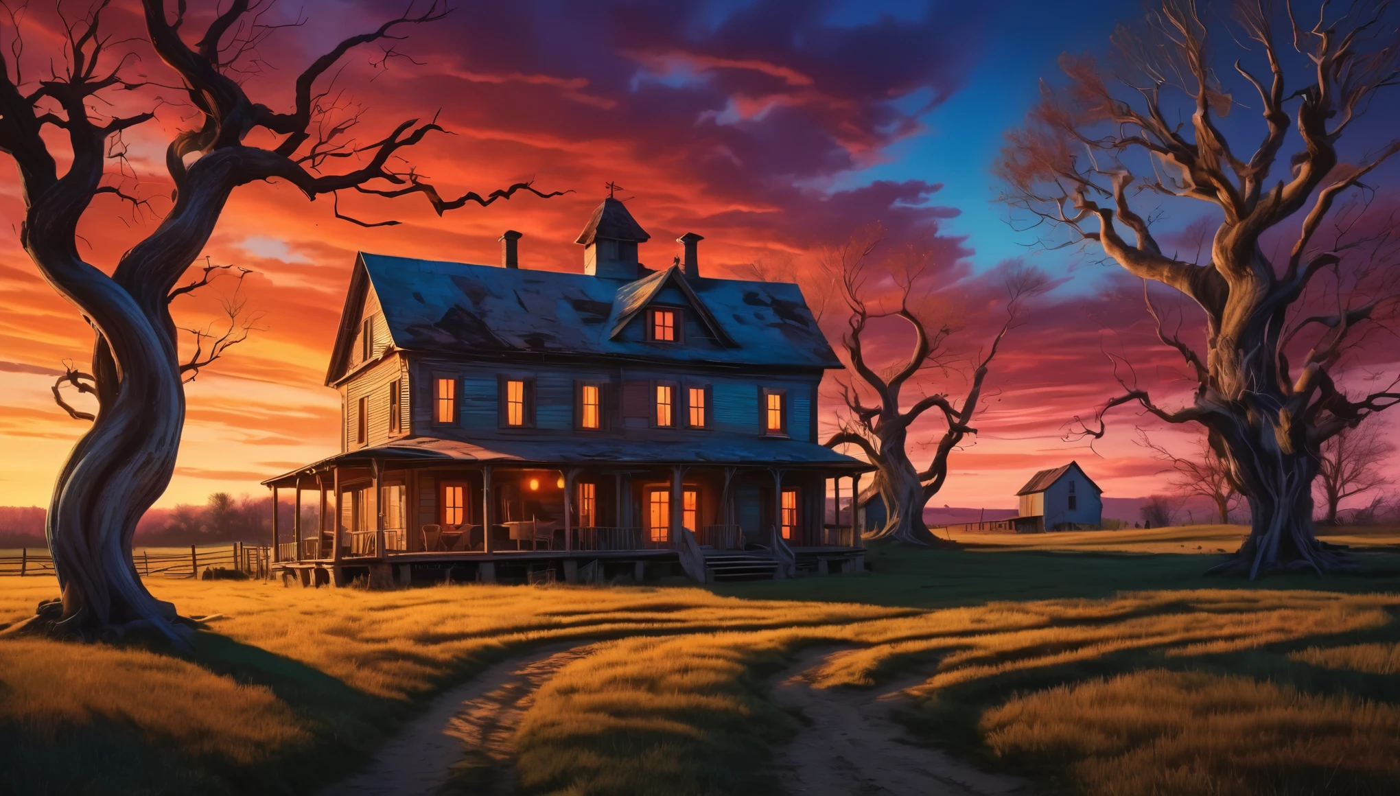 An eerie, surreal farmhouse at twilight with exaggerated shadows and twisted trees. Hyper realistic photo, vibrant colors, 16k