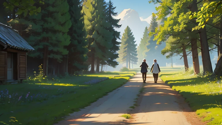 Scene of the master and disciple walking through the countryside, looking for a place to rest