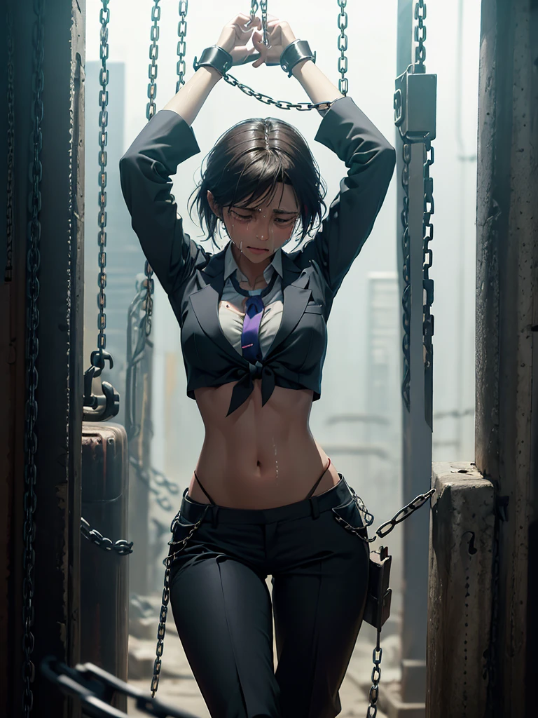 Women in Professional crop top suit, pants, walking to work, show belly, realistic bellybutton shape, necktie, ((tied up by chain,arms up,)), ((crying)),