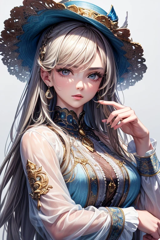 ((of the highest quality)),(ultra high resolution),(Very detailed),(Detailed description),((the best cg)),(Masterpiece),very detailed art,Amazing art of painting.,(Contemporary art with precise details.:1.5), (1 female fashion model:1.6),(Beautiful and well-proportioned face.:1.5),fashion leader:1.6,powerful look:1.4,(Wear your hat at an angle:1.3),cropped shirt,White background
