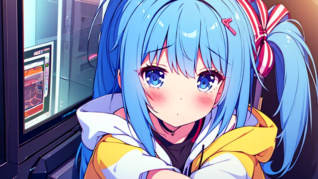1 beautiful girl, great image quality ,nekomimi, with lots of detail, ray tracing, blush on the cheeks headband on the head in a gaming,outfit hoodie, short pleated mini skirt, gamer, long stockings, blue eyes, blue hair long, , in a neon room, PC gaming, perfect anatomy,