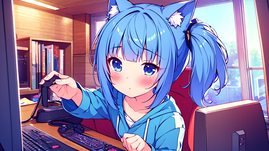 1 beautiful girl, great image quality ,nekomimi, with lots of detail, ray tracing, blush on the cheeks headband on the head in a gaming,outfit hoodie, short pleated mini skirt, gamer, long stockings, blue eyes, blue hair long, , in a neon room, PC gaming, perfect anatomy, 