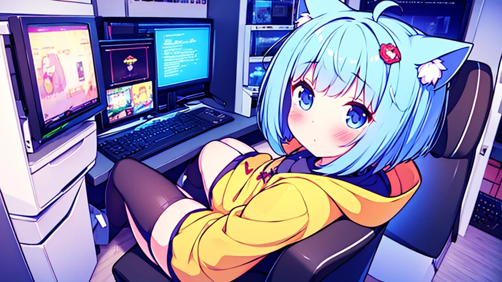 1 beautiful girl, great image quality ,nekomimi, with lots of detail, ray tracing, blush on the cheeks headband on the head in a gaming,outfit hoodie, short pleated mini skirt, gamer, long stockings, blue eyes, blue hair long, , in a neon room, PC gaming, perfect anatomy, 