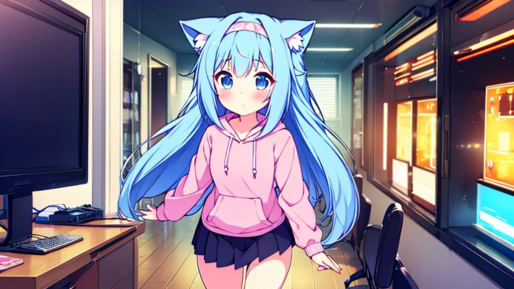 1 beautiful girl, great image quality ,nekomimi, with lots of detail, ray tracing, blush on the cheeks headband on the head in a gaming,outfit hoodie, short pleated mini skirt, gamer, long stockings, blue eyes, blue hair long, , in a neon room, PC gaming, perfect anatomy,