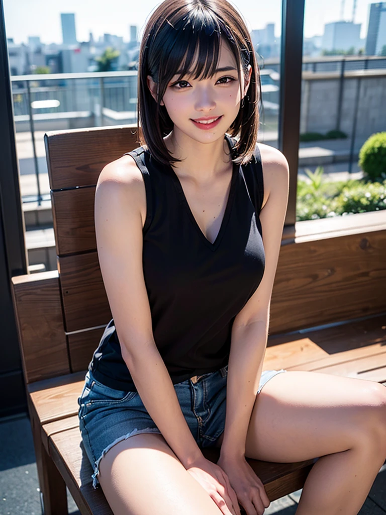 ((Ultra-detailed)), (top-quality), ((masterpiece)), ((Super exciting)), ((8K)), ((1080p)), ((extremely clear)), ((Very sophisticated)),((natural lighting)), ((depth of fields)), ((Glowing skin)), ((gleaming)), ((shiny-glistening)), (3D)), ((Perfect Anatomy)), (Realistic skin texture), ((Detailed face description)), (((perfect balance))), (((Solo))), ((a girl)), (grinned)), (slanted eyes), (sit on bench), (grinned), ((sleeveless)), (shirts), (short pants), ((Tokyo background)),