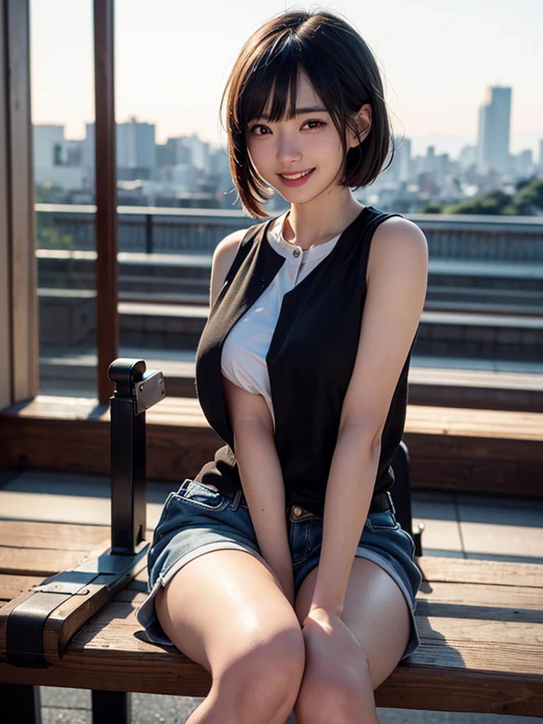 ((Ultra-detailed)), (top-quality), ((masterpiece)), ((Super exciting)), ((8K)), ((1080p)), ((extremely clear)), ((Very sophisticated)),((natural lighting)), ((depth of fields)), ((Glowing skin)), ((gleaming)), ((shiny-glistening)), (3D)), ((Perfect Anatomy)), (Realistic skin texture), ((Detailed face description)), (((perfect balance))), (((Solo))), ((a girl)), (grinned)), (slanted eyes), (sit on bench), (grinned), ((sleeveless)), (shirts), (short pants), ((Tokyo background)),