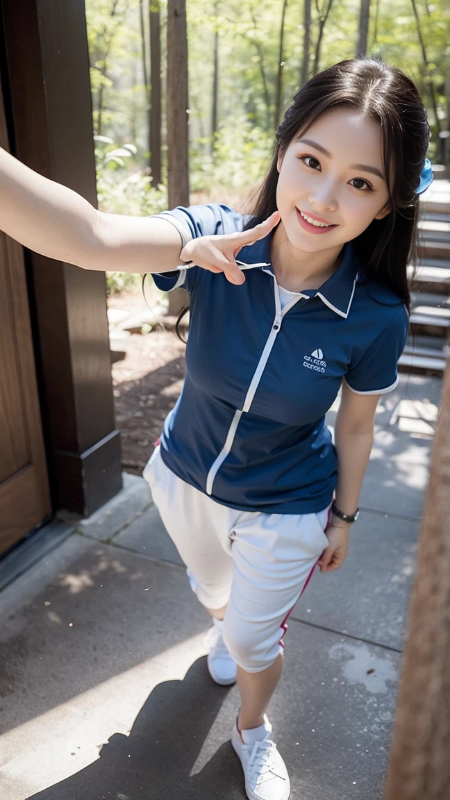 masterpiece, best quality, Surreal, Ultra Detailed, 8k resolution, RAW photos, Clear focus, (A girl in the forest), ((navy blue shirt:1.1)), Short sleeve, Long sweatpants,Full body posture, Solitary, Perfect body, Become a, 36 inches in the chest,(a charming smile:1), (sexy pose),26 years old, light,White shoes,Selfie,