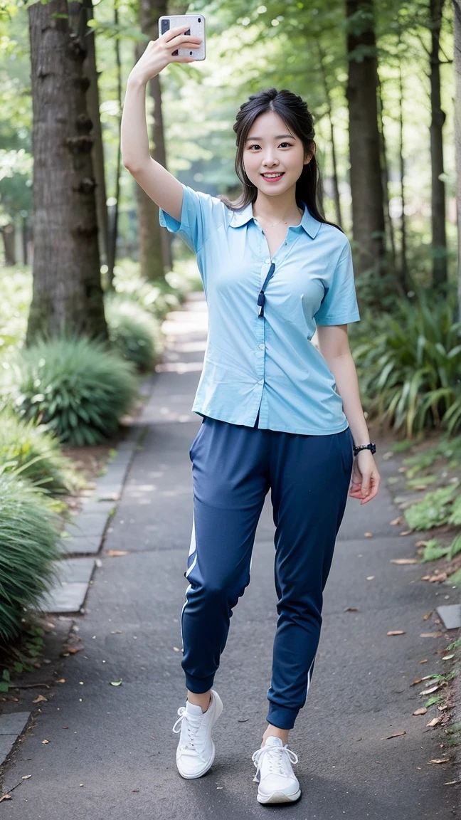 masterpiece, best quality, Surreal, Ultra Detailed, 8k resolution, RAW photos, Clear focus, (A girl in the forest), ((navy blue shirt:1.1)), Short sleeve, Long sweatpants,Full body posture, Solitary, Perfect body, Become a, 36 inches in the chest,(a charming smile:1), (sexy pose),26 years old, light,White shoes,Selfie,