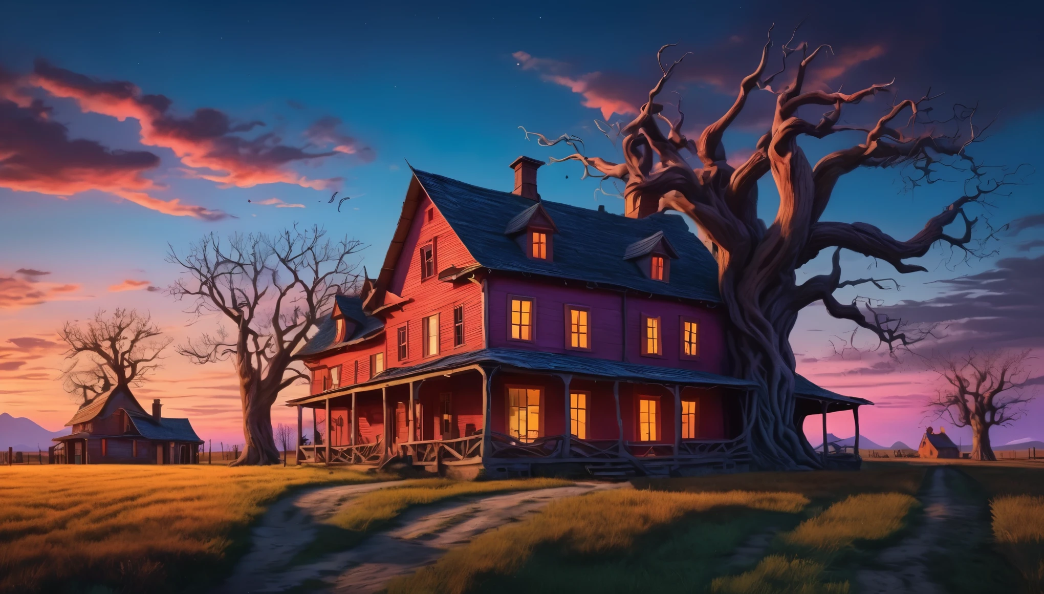 An eerie, surreal farmhouse at twilight with exaggerated shadows and twisted trees. Hyper realistic photo, vibrant colors, 16k
