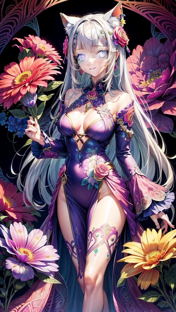(official art, beautiful and aesthetic:1.2), (1girl:1.3),(fractal art:1.1),(colorful:1.1)(flowers:1.3),highest detailed,(zentangle:1.2),(abstract background:1.3), (shiny skin), (many colors:1.4), (earrings), silver hair, pink eyes, cat ears, long hair, happy face
