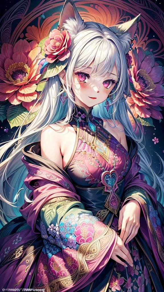 (official art, beautiful and aesthetic:1.2), (1girl:1.3),(fractal art:1.1),(colorful:1.1)(flowers:1.3),highest detailed,(zentangle:1.2),(abstract background:1.3), (shiny skin), (many colors:1.4), (earrings), silver hair, pink eyes, cat ears, long hair, happy face