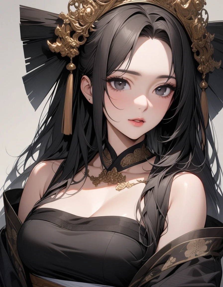 Mature big sister,Black long hair,Black tube top,Hanfu,Beautiful black eyes,Extremely detailed,high resolution,Simple background