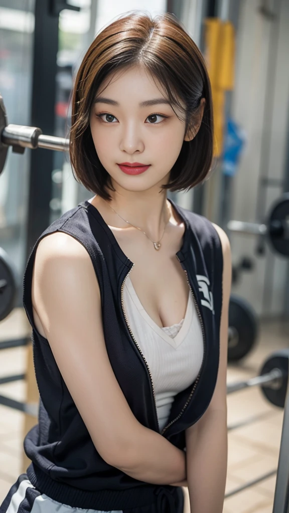 Highly detailed CG unity 8k wallpaper, of the highest quality, Super detailed, masutepiece, Realistic, photographrealistic, extremely detailed cute girl, 25yo, cleavage , (perspired) , Round eyes, peeping at the viewer, Blush, Smile, parted lip, Semi-body shot , Realistic、track suit、Realistic reproduction with vests , Panties , Squat, sports gym, short hair