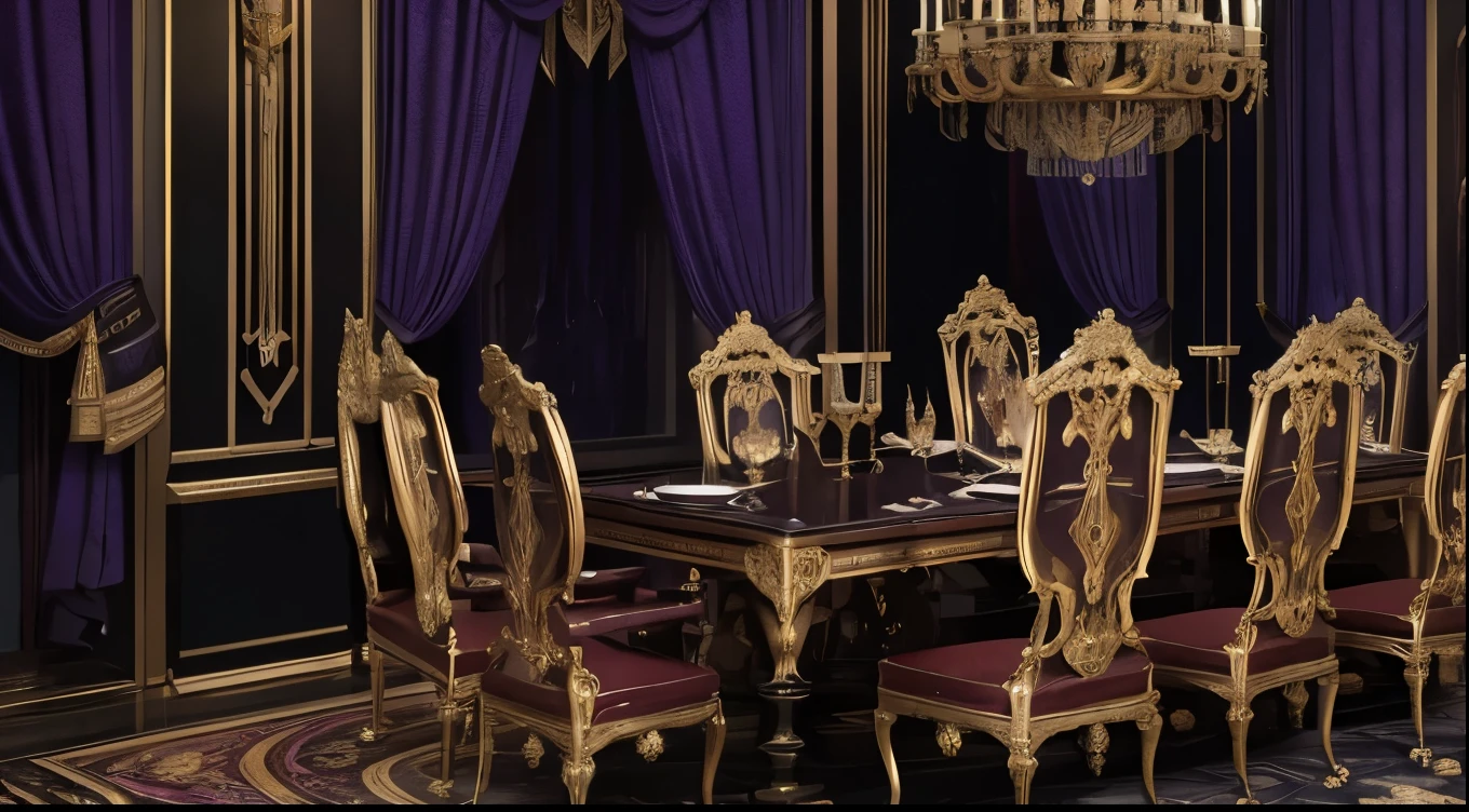 a dark and luxurious royal palace hall, a grand dinner table set with fine dinnerware, ornate portraits and statues lining the walls, purple ambient lighting, highly detailed, photorealistic, 8k, cinematic, dramatic lighting, intricate architectural details, opulent and regal atmosphere, ornate furnishings and decor, elegant and sophisticated, masterpiece , purple lights