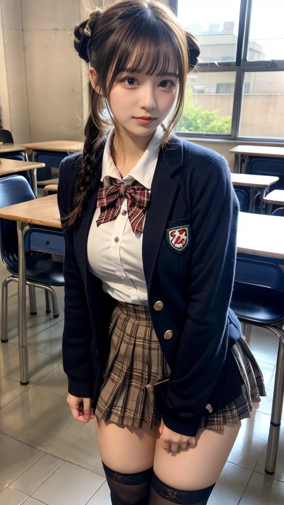 masterpiece, best quality, illustration, Super detailed, fine details, High resolution, 8K,wall paper, perfect dynamic composition,(Details High quality, realistic depiction of eyes:1.3), High School Classroom、High school girl uniform、blazer 、Super Short Check Uniform Skirt、Navy blue high socks、garterbelts、Colossal tits, Disturbed uniform,  (updo:1.2), black hair color, large breasts, Big Natural Color Lip, bold sexy pose, (perfect body shape), crying a little、20 year old girl、cute type, beautiful legs, hposing Gravure Idol, Voluptuous thighs