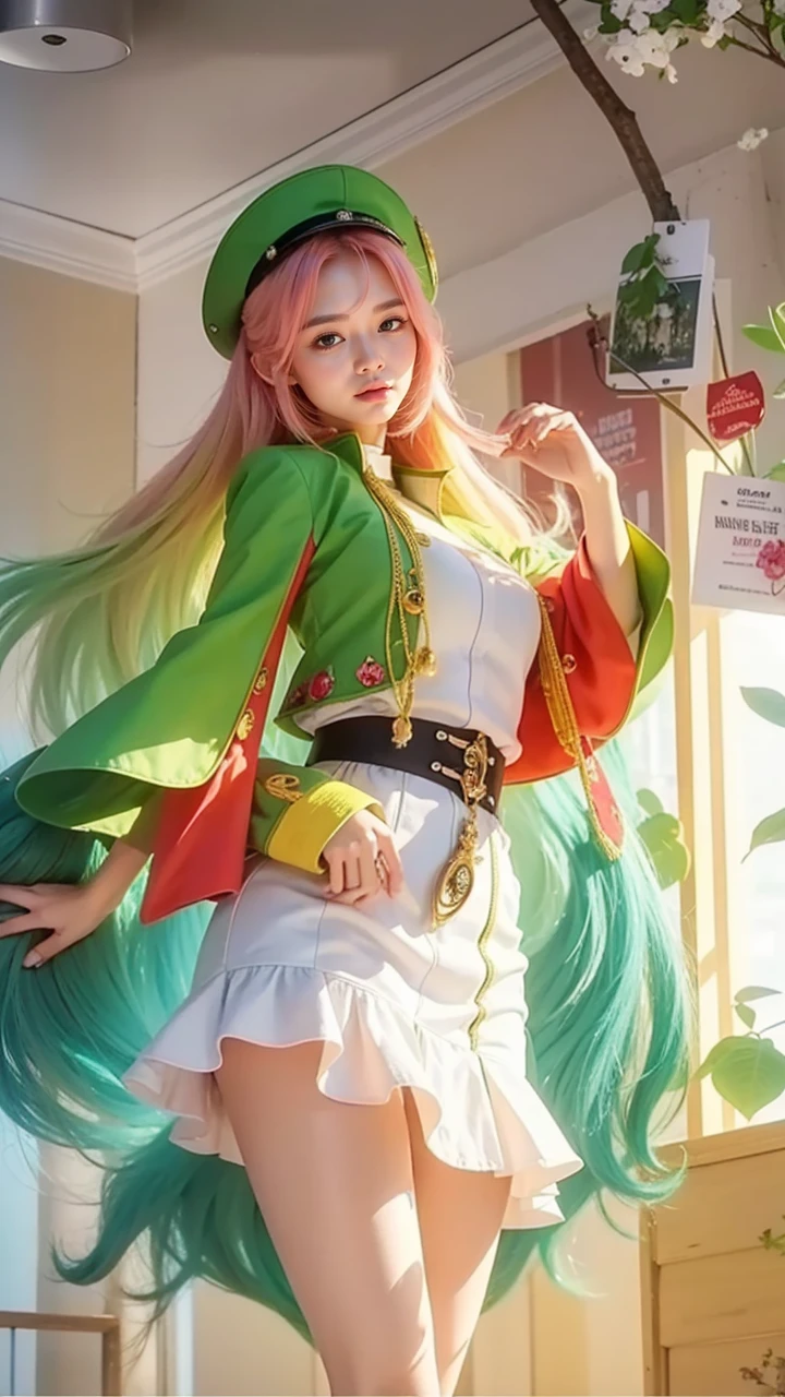 one-girl，Look to the lens，A pink-haired，Wear a ，tmasterpiece，high qulity，8K，best qualtiy，realisticlying，vibrant detail，1个Giant Breast Girl，adolable，Beautiful face rich in details，One guy，looki at viewer，The street is against the wall，which stands on the street，Uniforms，perfect  detail。