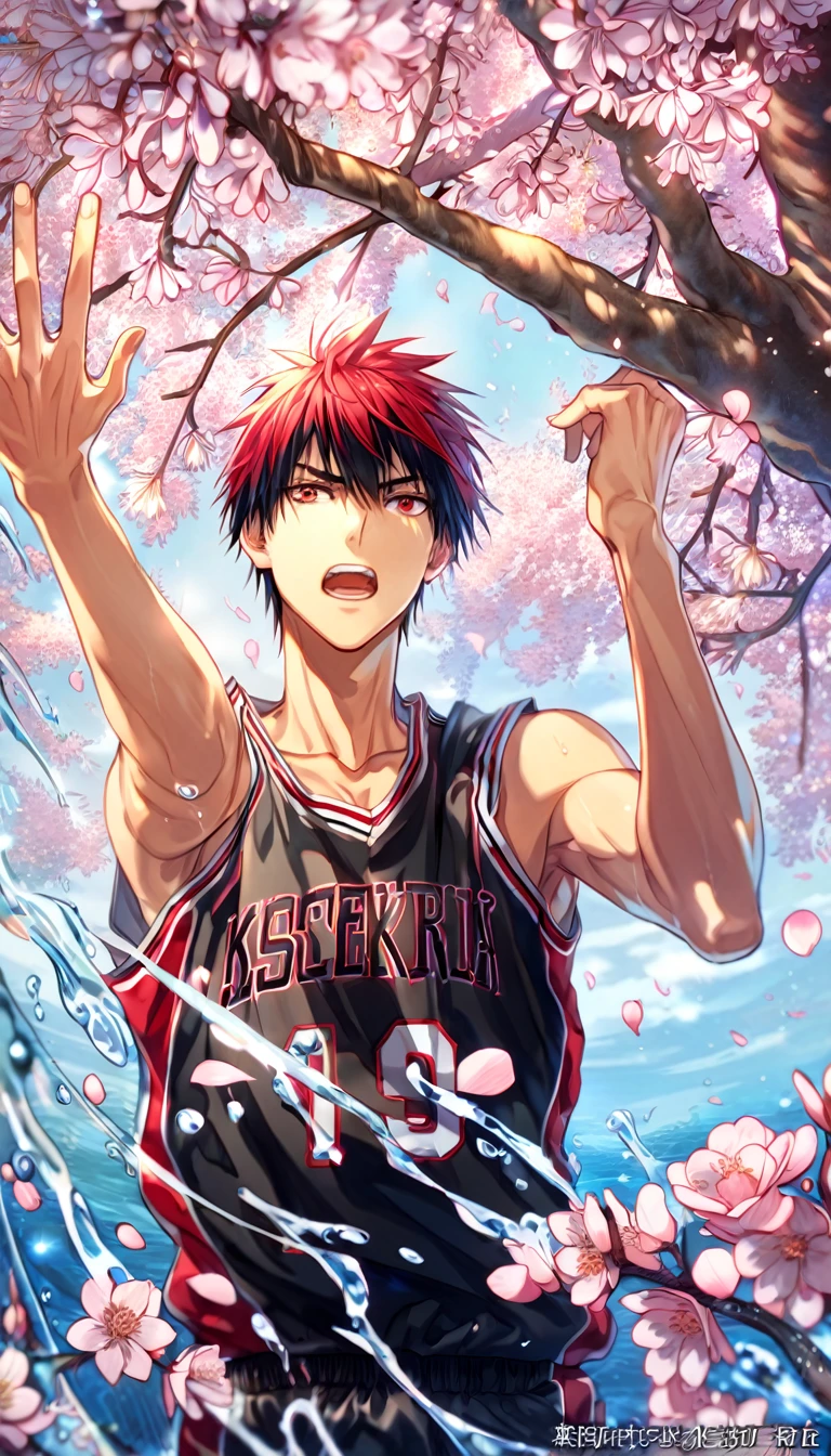 Ultra detailed, highres, absurdres, HDR, master piece, Kagami Taiga, red hair, black bangs, expressive red eyes, Kuroko No Basket, fantasy, pink petals, water, pink flowers, handsome, sexy man, solo, best quality, blossoms, blue shining fireflies, black basketball clothes, the word "Krozseria" is written on his shirt