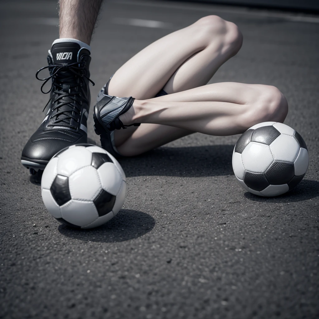 A soccer ball and a soccer player's boot on the left kicking the ball. black and white drawing