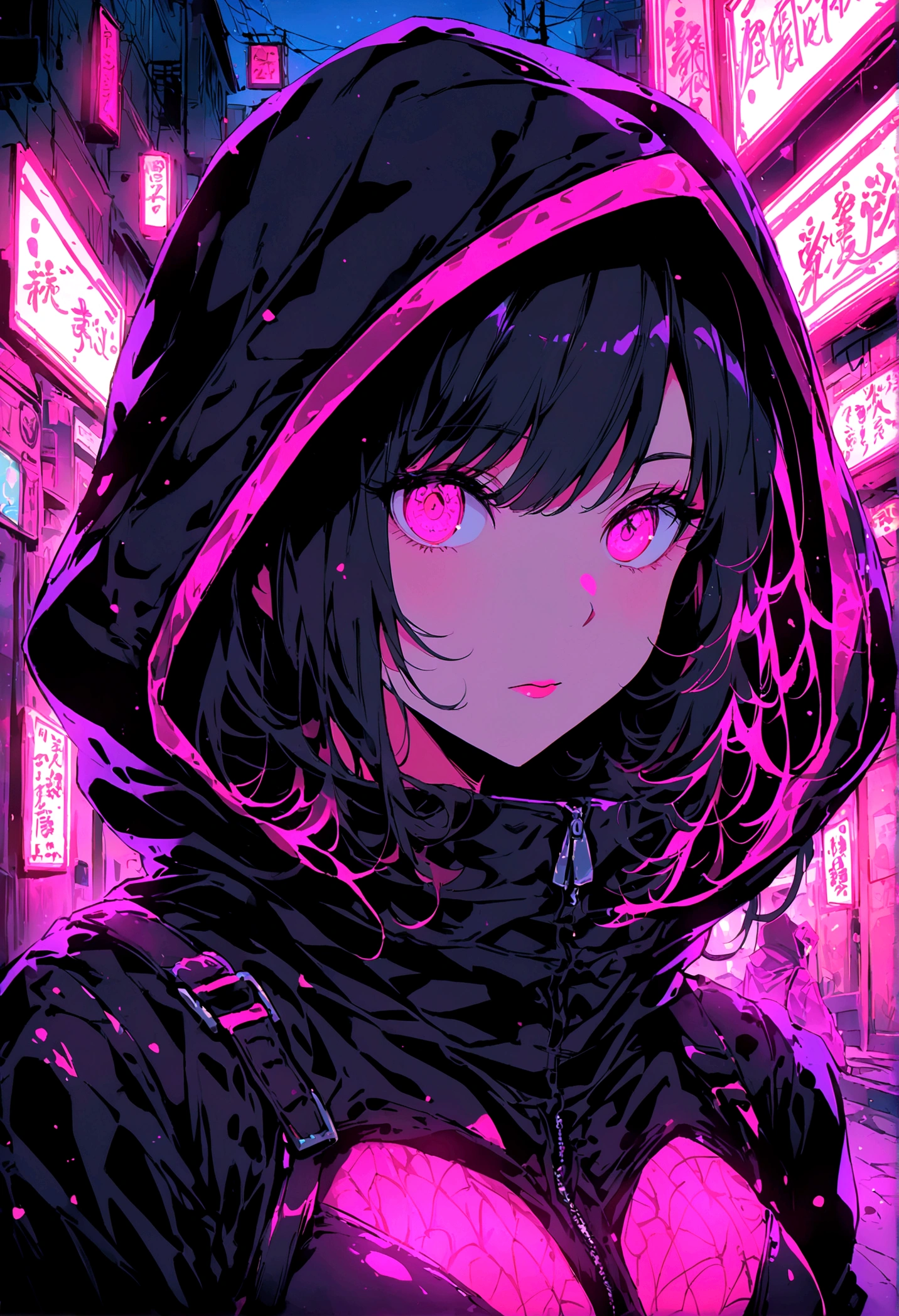 Neon, ( Portrait of a girl dressed in a dark black ninja suit with a hood.), Leather suit, suit that emanates bright PINK light, bright PINK eyes, very detailed eyes, by white, perfect anatomy, Japanese cherry trees in the background, The trees have luminous leaves, flowers fall from the trees, bright, (Neon lights stick out of the suit.), evening, nocturnal. high image quality, 8k, High Definition, intricate, very detailed image, very sharp, Neon luminoso