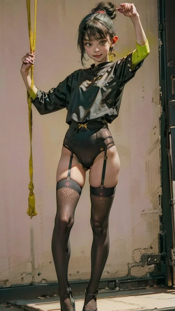 Black workwear jumpsuit、Costume with glowing yellow-green linesを着た女性, cyber punk, Hard Rock Metal, Mosh Pit, (Highest quality,4K,8K,High resolution,masterpiece:1.2),Live Stage、Costume with glowing yellow-green lines、Large sunglasses,Punkish hairstyle、Full body portrait、dynamic dancing、Bondage、garter belt、Fishnet tights