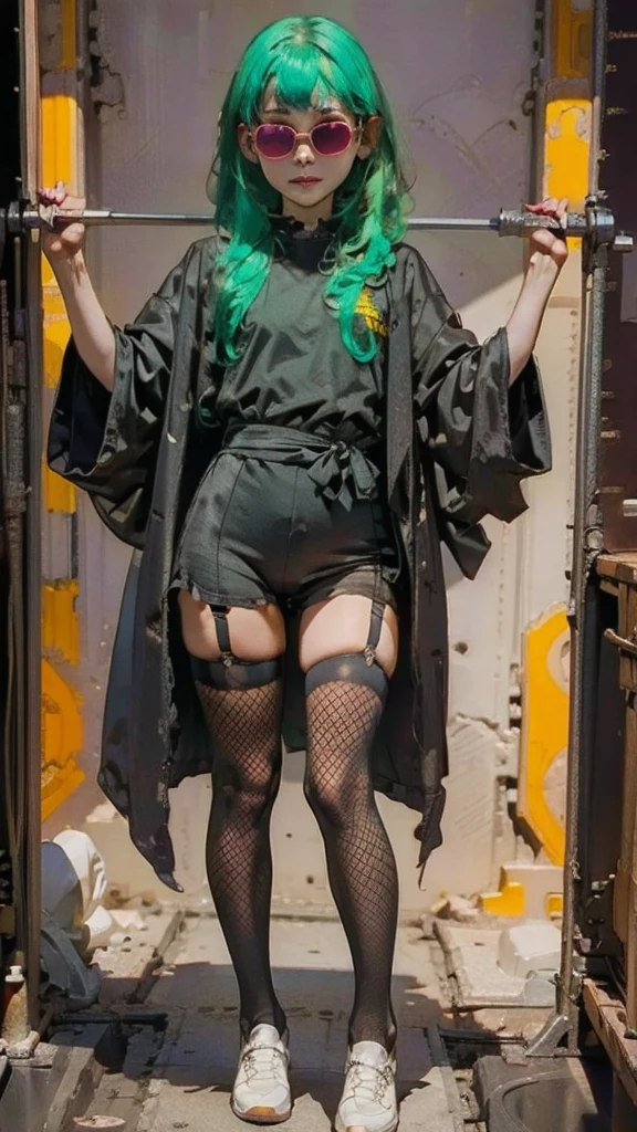 Black workwear jumpsuit、Costume with glowing yellow-green linesを着た女性, cyber punk, Hard Rock Metal, Mosh Pit, (Highest quality,4K,8K,High resolution,masterpiece:1.2),Live Stage、Costume with glowing yellow-green lines、Large sunglasses,Punkish hairstyle、Full body portrait、dynamic dancing、Bondage、garter belt、Fishnet tights