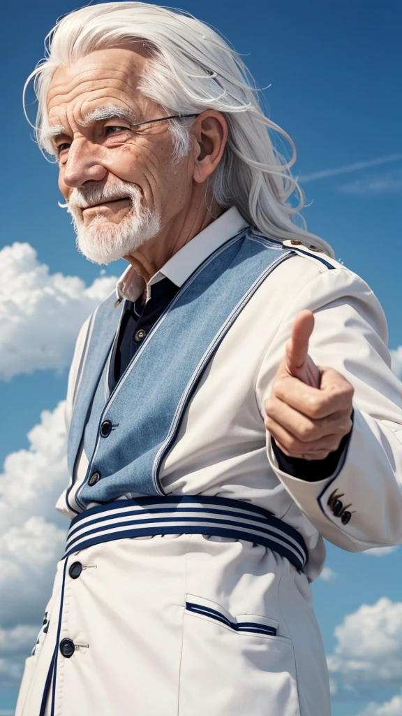 Elderly man with wavy white hair happily points to the sky in gratitude to God 