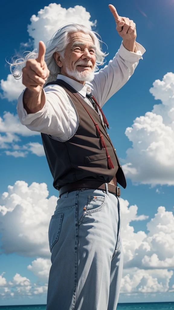 Elderly man with wavy white hair happily points to the sky in gratitude to God 