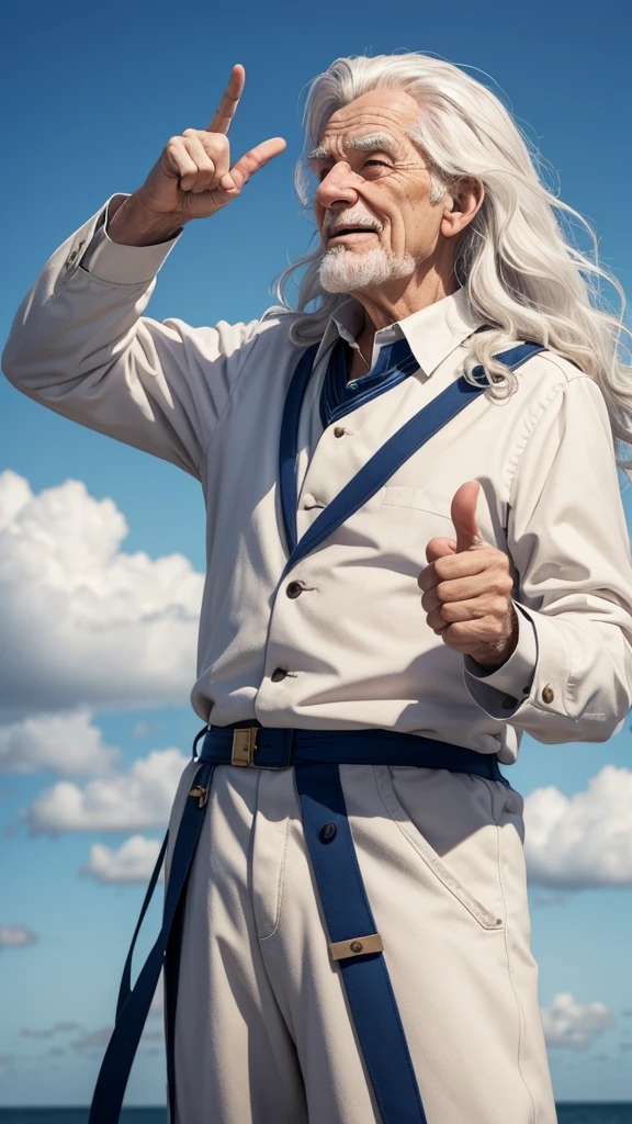 Elderly man with wavy white hair happily points to the sky in gratitude to God 