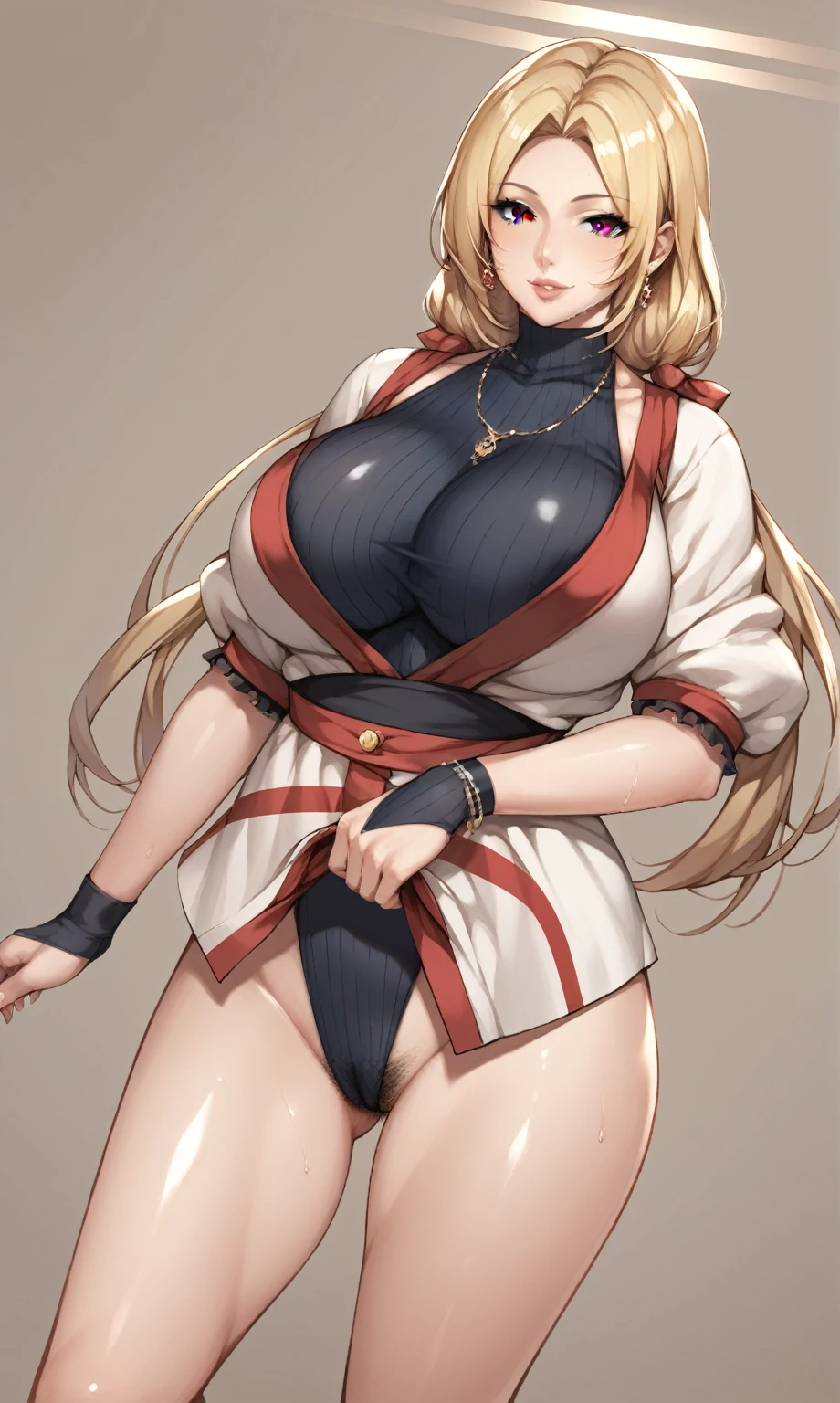 score_9, score_8_up, score_7_up, score_6_up, uncensored, TsunadeSDXL, blonde hair, low twintail, long hair, brown eyes, parted bangs, bindi dot, lips, naughty face, shiny skin, sweating, BREAK (masterpiece:1.2), best quality, high resolution, unity 8k wallpaper, (illustration:0.8), (detailed eyes:1.3), perfect lighting, extremely detailed CG, (perfect hands, perfect anatomy), 1girl, breasts, huge_breasts, thighs, thick_thighs, looking_at_viewer, pubic_hair, necklace, jewelry, leotard, wide_hips, standing