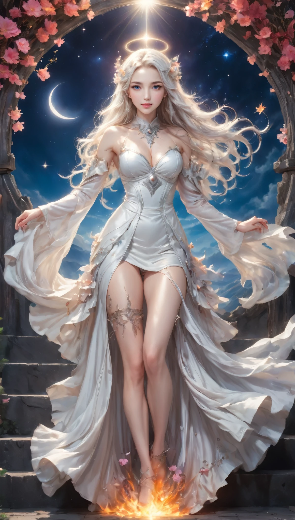 8K resolution, masterpiece, Highest quality, Award-winning works, unrealistic, From above, erotic, sole sexy lady, healthy shaped body, 22 years old, white mage, 170cm tall, huge firm bouncing busts,, white silver long wavy hair, Detailed facial depictions, Break, Mysterious blue eyes, Standard nose, Eyeliner, pink lips, sexy long legs, Clear skin, white mage, A gorgeous long walking stick in seven colors, Delicate depiction of clothing, Gothic , Gothic ruffle long dress, A dress with a complex structure, lace fabric dresses, Seven-colored colorful dress, Clothed in flames, Phoenix Crest, elegant, Very detailed, Delicate depiction of hair, miniature painting, Digital Painting, artステーション, コンセプトart, Smooth, Sharp focus, shape, artジャム、Greg Rutkowski、Alphonse Mucha、William Adolphe Bouguereau、art：Stephanie Law , Royal Jewel, nature, Symmetric, Greg Rutkowski, Charlie Bowwater, Unreal, Surreal, Dynamic Lighting, ファンタジーart, Complex colors, Colorful magic circle, flash, dynamic sexy poses, A kind smile, Mysterious Background, Aura, A gentle gaze, BREAK, Small faint lights and flying fireflies, night, lanthanum, 山の頂From above下界を見下ろす, Starry Sky, milky way, nebula, shooting star, Flowers, birds, wind and moon, (Back view, Looking back towards the camera:1.3), healing magic, A pillar of light stretching to the sky, Laser beam, Climb the stairs to heaven