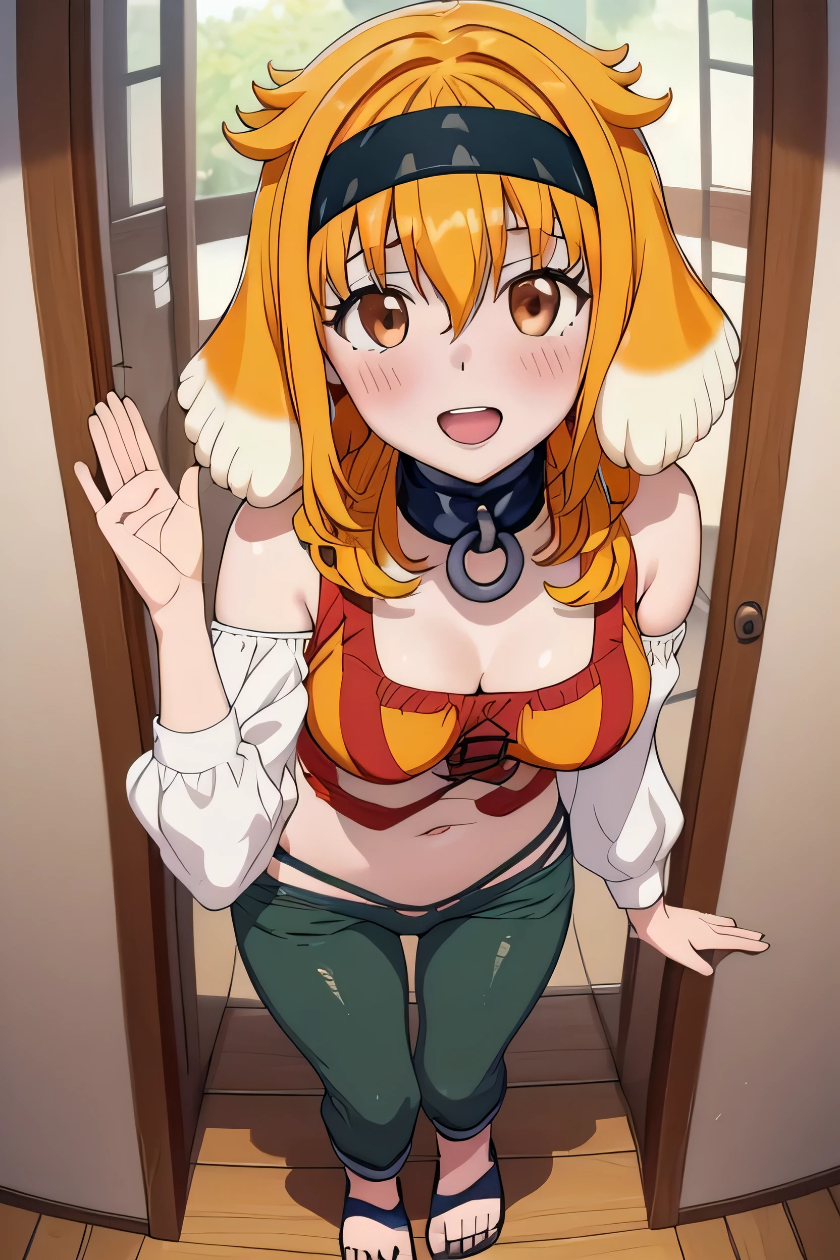 roxanne、1 girl、chest、Dog Ears、Fantasy、独奏、Dropped ears、first round、Animal ears、Dog Girl、Green pants、tail、黒いfirst round、Big chest、belly button、Chest cleavage、Dog&#39;s tail、orange fur, Orange Hair, 黒いhair band, Open your mouth, sandals, Looking at the viewer, Brown eyes, Bare shoulders, Smile, hair band, Raise your hand, blush, pants, Hair between the eyes, Are standing, Detachable sleeve, Stomach, Medium Hair, bangs