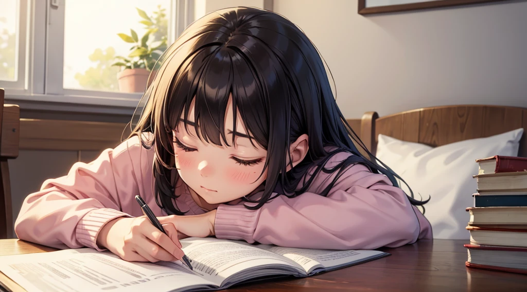 A cute girl falls asleep face down while studying