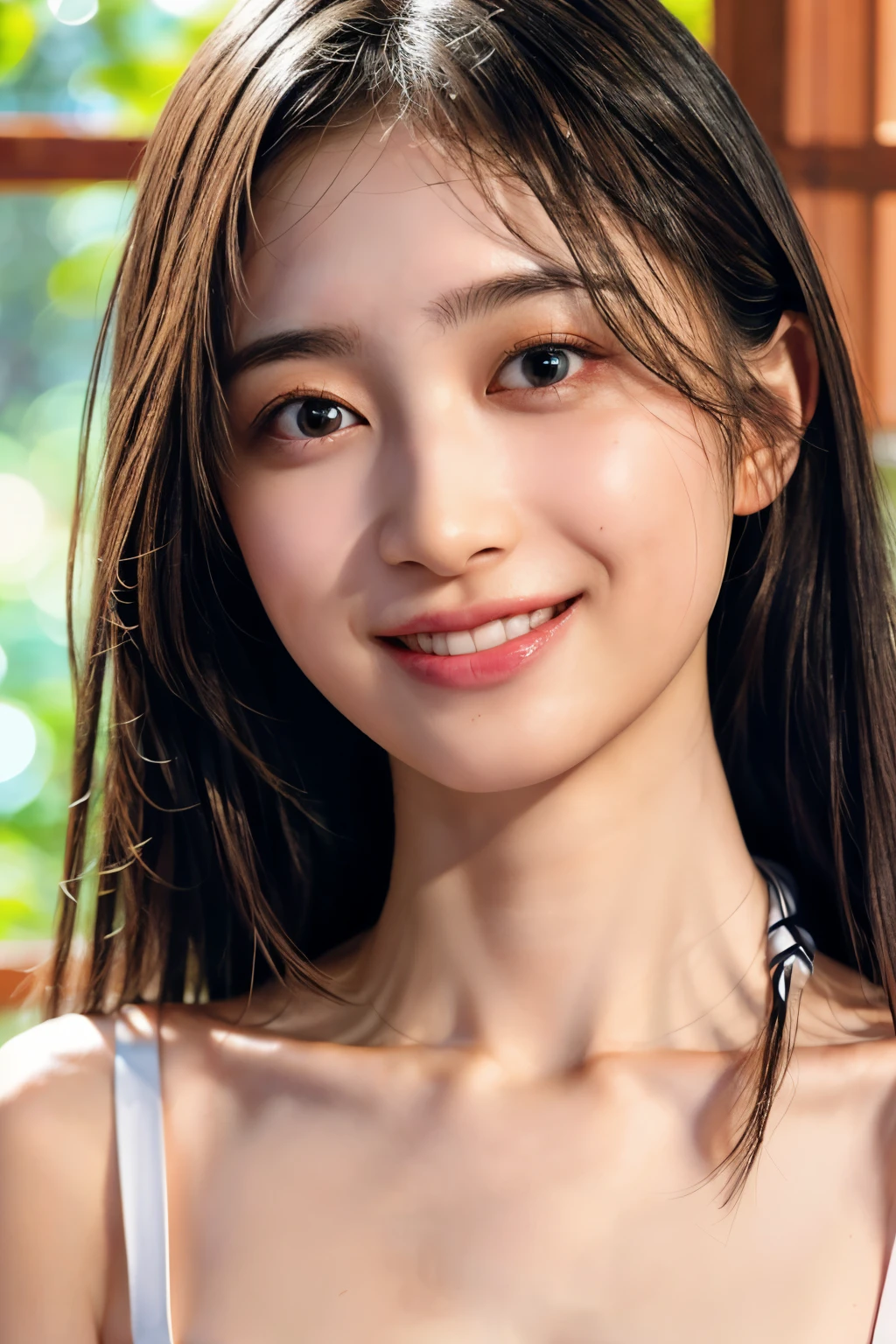 (realistic, photo-realistic:1.4), (best quality,masterpiece:1.2), RAW photo,high resolution,intricate details, extremely detailed, insanely detailed, soft light, cinematic lighting, (portrait, upper body, frontal photography:1.5), solo,1girl, a 19yo female idol, (bikini, collarbone,navel:1.8), (smaller breasts, tiny breasts, flat chest, poor size bust:1.7), (smaller face:1.2),detailed face, beautiful detailed eyes, sophisticated nose, pale skin, fine-textured skin,dark hair,(straight hair, forehead:1.3), (cheerful grin, smile, parted lips), photo background,indoors,depth of field,,[Nagi Inoue, Nogizaka46 5th generation],