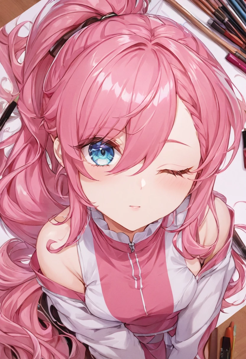 masterpiece, best quality cowboy_shot, 1 female, (long_ponytail wavy tip pink color hair), (hair over one eye), pov-from above, detailed beautiful eyes, detailed gorgeous face, perfect anatomy, dynamic pose, intricate details, PIXIV, krenz cushart,