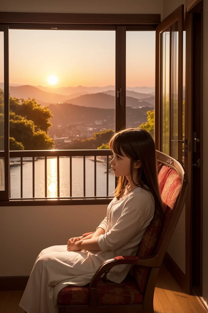 A girl sitting in a chair waiting for her great love (which is not present in the image). In the living room there is a painting of the two of them together and she is looking at the window at the sunset