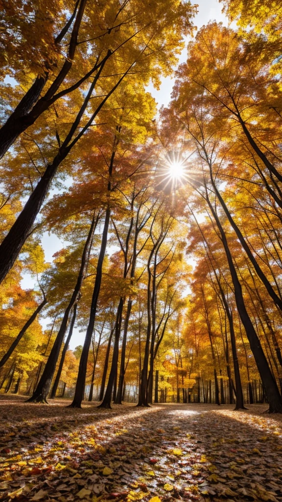 Colorful fallen leaves dance like butterflies,Floating all over the sky in the swirling wind,The trees in the forest stand tall,Witness the splendor of autumn,Poetic autumn colors,Soft slanting sunlight,Wide angle field of view