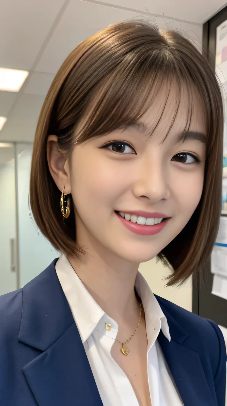 Highest quality:1.2), RAW Photos, High resolution, Very detailed, Intricate details,、Brown Hair、hairstyle semi long、ear piercing、smile、Emphasis on teeth、, (Front view, ), Clear beauty, Necklace around the neck、,, (High quality fabric, Office Lady Suits、Jacket、Unbuttoned white shirt） 、Detailed face, indoor,

