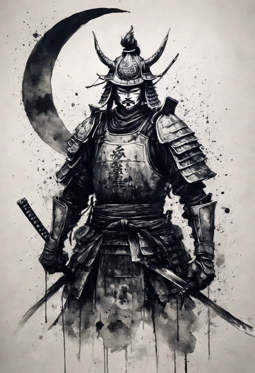 Black and white painting,Ink Painting,Draw a crescent moon with brush splashes,(hannya face mask:1.1, Cheek:1.2),(samurai armor:1.2),(Placket, Armor and helmet of Oda Nobunaga,:1.2,),