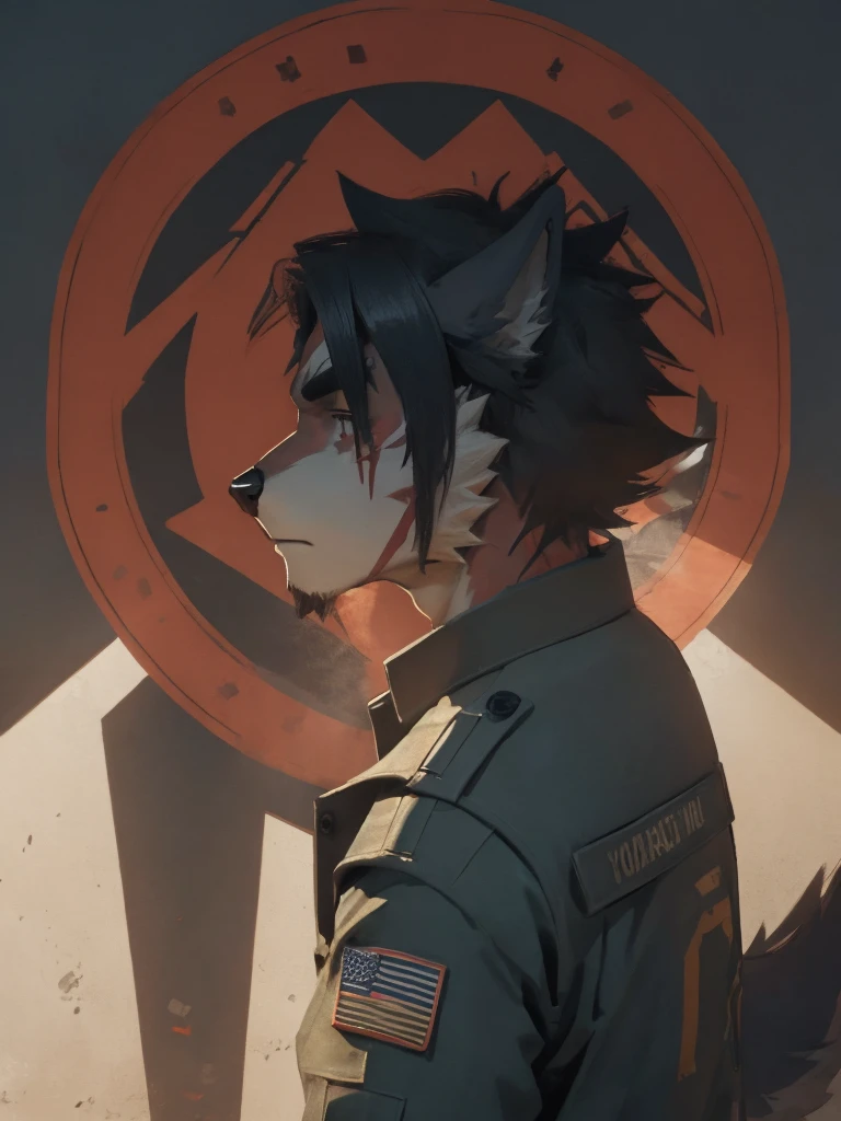 Male, male focus, Wolf, black fur, white fur, short hair, black hair, red heart stripes on his hair, scar, 20 years old, navy seal military uniform, military cruiser, dramatic effect, dramatic light, shadow, shade, higlight, high quality, high details, High detailed image, high quality image, Very detailed shadows, high detail shadows, night