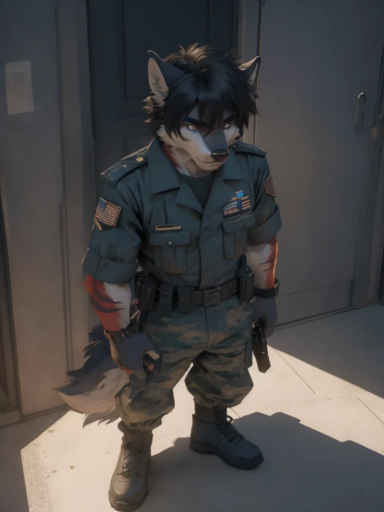 Male, male focus, Wolf, black fur, white fur, short hair, black hair, red heart stripes on his hair, scar, 20 years old, navy seal military uniform, military cruiser, dramatic effect, dramatic light, shadow, shade, higlight, high quality, high details, High detailed image, high quality image, Very detailed shadows, high detail shadows, night