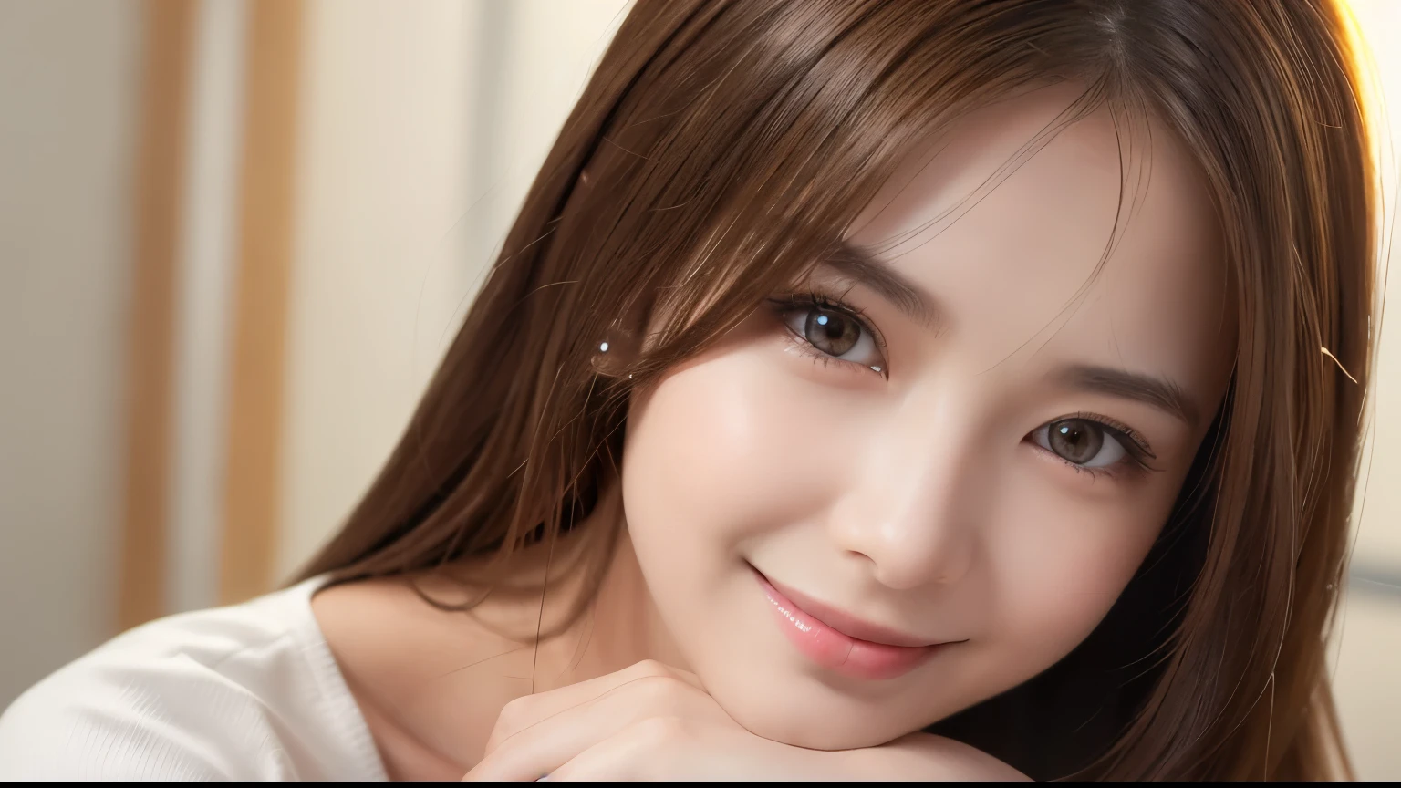 (8K、Raw photo、Highest quality、masterpiece:1.2)、(Real Stick、Photorealistic:1.37)、Super detailed、Ultra-high resolution、1 girl、Seeing the viewer、Beautifully detailed face、smile、narrow、(Slim waist) :1.3)、shirt、Beautifully detailed skin、Skin Texture、Floating Hair、Professional Lighting、office、Human whole body、Brown Hair