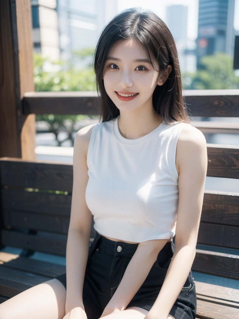 ((Ultra-detailed)), (top-quality), ((masterpiece)), ((Super exciting)), ((8K)), ((1080p)), ((extremely clear)), ((Very sophisticated)),((natural lighting)), ((depth of fields)), ((Glowing skin)), ((gleaming)), ((shiny-glistening)), (3D)), ((Perfect Anatomy)), (Realistic skin texture), ((Detailed face description)), (((perfect balance))), (((Solo))), ((a girl)), (grinned)), (slanted eyes), (sit on bench), (grinned), ((sleeveless)), (shirts), (short pants), ((Tokyo background)),