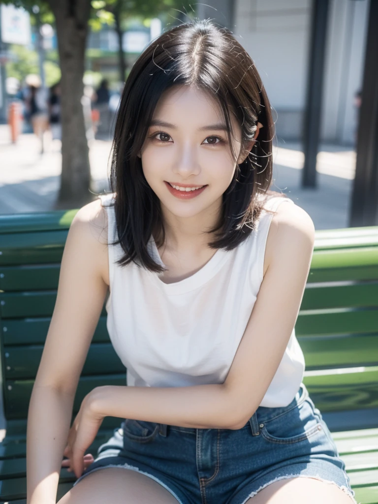 ((Ultra-detailed)), (top-quality), ((masterpiece)), ((Super exciting)), ((8K)), ((1080p)), ((extremely clear)), ((Very sophisticated)),((natural lighting)), ((depth of fields)), ((Glowing skin)), ((gleaming)), ((shiny-glistening)), (3D)), ((Perfect Anatomy)), (Realistic skin texture), ((Detailed face description)), (((perfect balance))), (((Solo))), ((a girl)), (grinned)), (slanted eyes), (sit on bench), (grinned), ((sleeveless)), (shirts), (short pants), ((Tokyo background)),