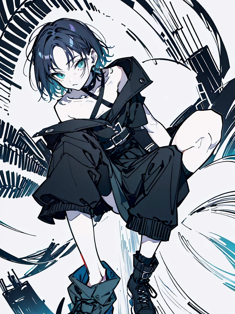 ((body)) skinny, short, pale, freckles on the face, 18 years old ((hair)) long black hair, messy, ((eyes)) green eyes, ((black outfit)) oversize black shirt, blue skirt, knitted shoe covers, black cotton fingerless gloves, black boots, piercings, choker