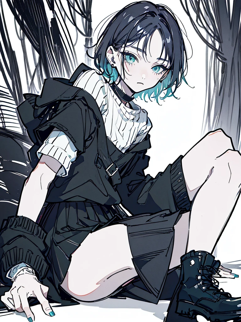 ((body)) skinny, short, pale, freckles on the face, 18 years old ((hair)) long black hair, messy, ((eyes)) green eyes, ((black outfit)) oversize black shirt, blue skirt, knitted shoe covers, black cotton fingerless gloves, black boots, piercings, choker