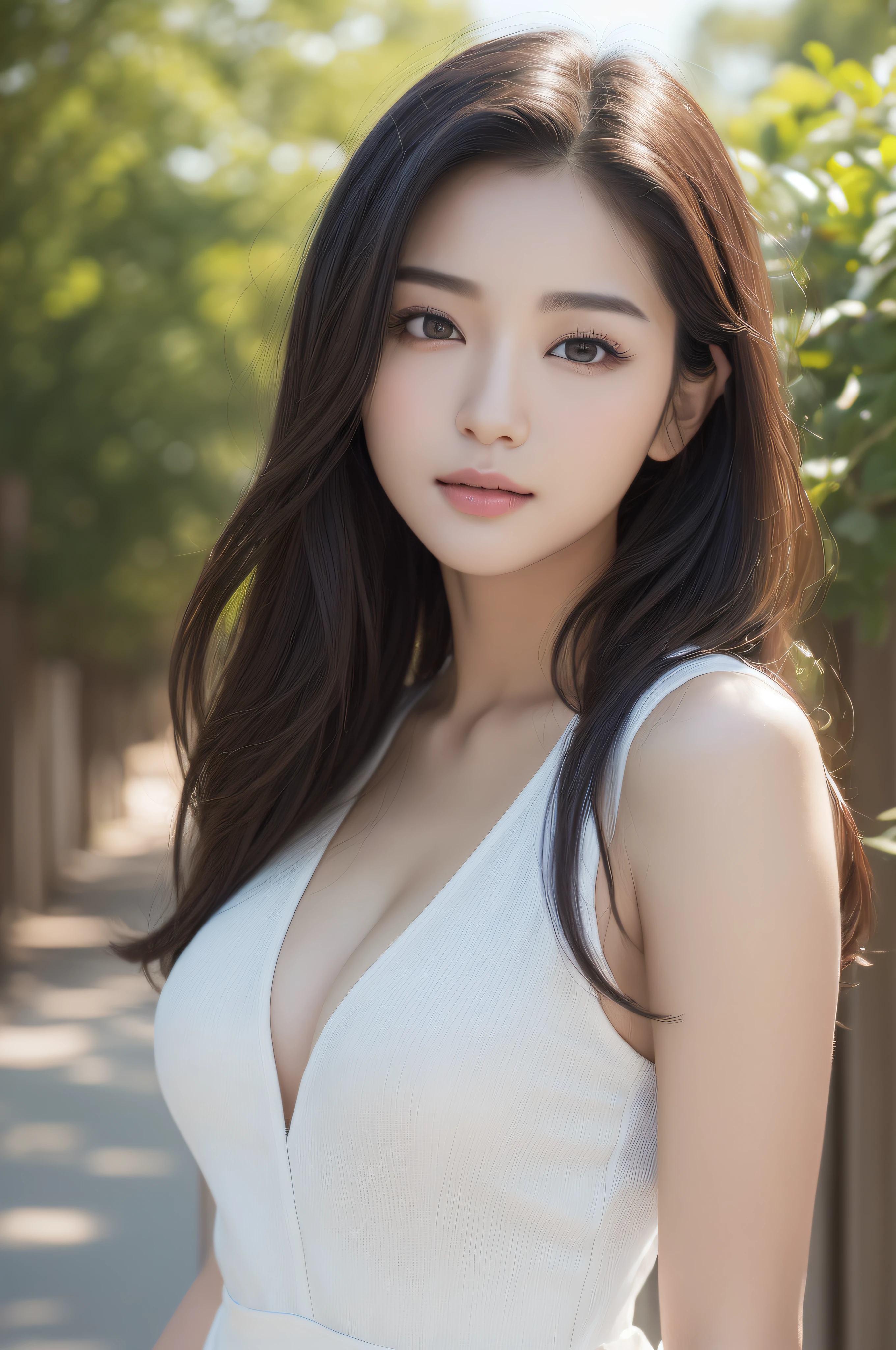 ((Highest quality、8K masterpiece:1.3))、Sharp focus:1.2、(Super beautiful face:1.0)、(Glowing Skin:1.0)、Photo Real、Black-haired、Video Lighting、High resolution eyes and face、Video Lighting、(Cowboy Shot:1.3)、(Cute Korean Actresses)、from the front、Medium large breasts、smile、No sleeve、Wearing a white blouse